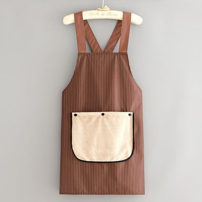 Unisex apron with pockets, featuring a cross-back strap design and including a towel