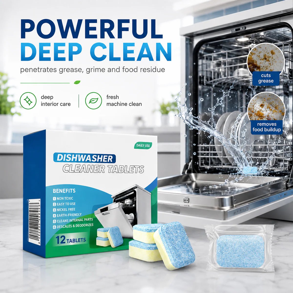 Dishwasher Cleaner Tablets 12-Pack – Descaling & Deodorizing Pods for Limescale, Calcium Buildup & Odor Control