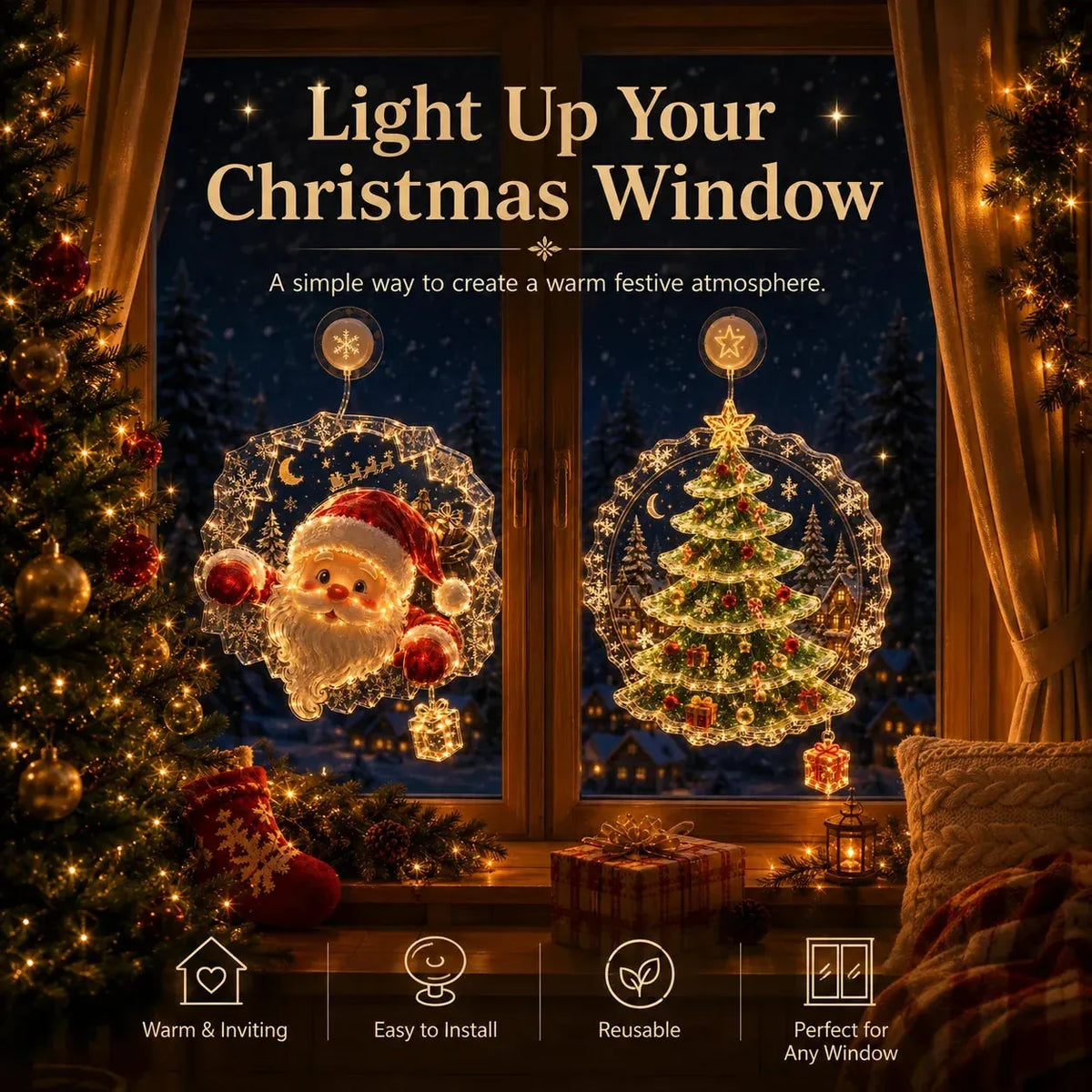 ✨🎄Lighted Christmas Window Decoration with Suction Cup | Flat Version Warm LED Window Light with Double-Layer Design & Multiple Festive Styles✨