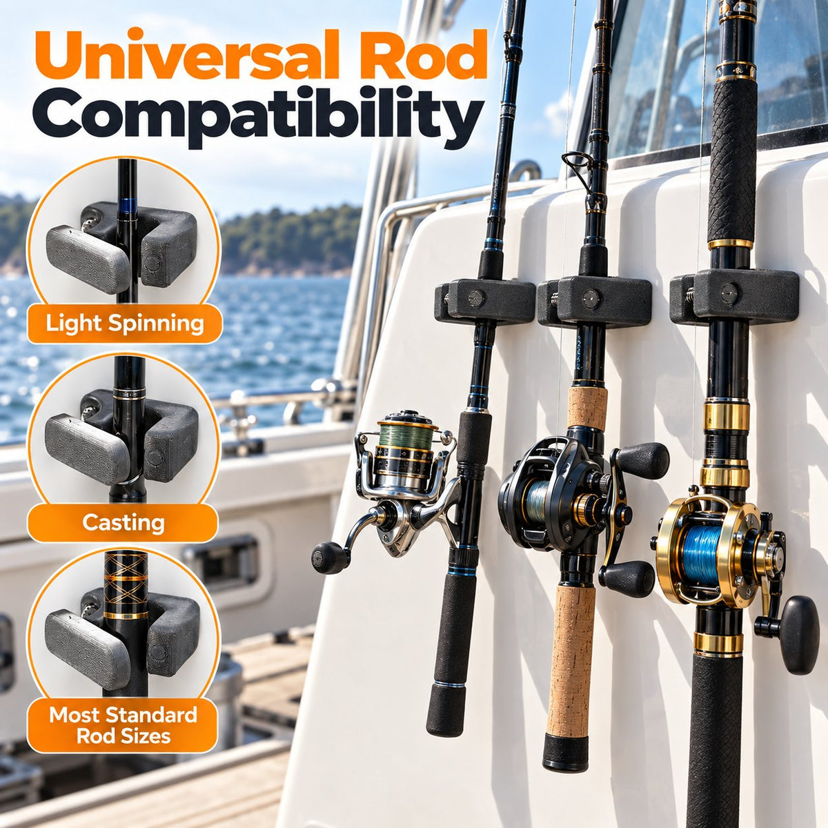 Marine Grade Fishing Rod Mount | Space Saving Wall & Rail Holder