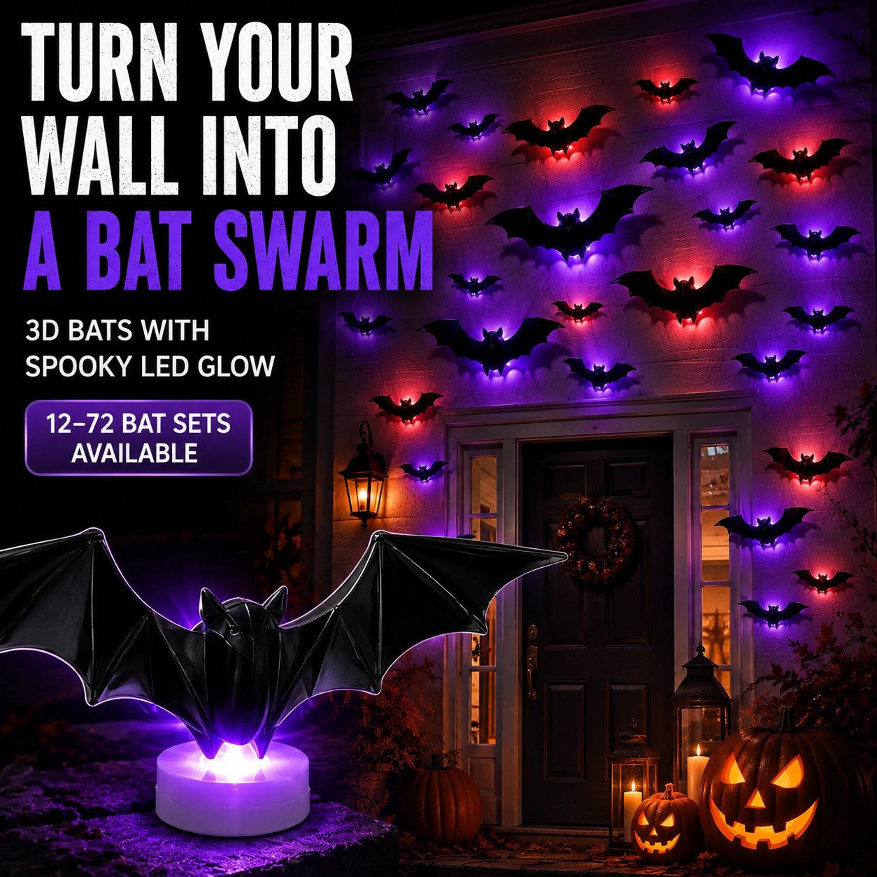 3D LED Glowing Bat Wall Decorations – Halloween Flying Bat Swarm Set