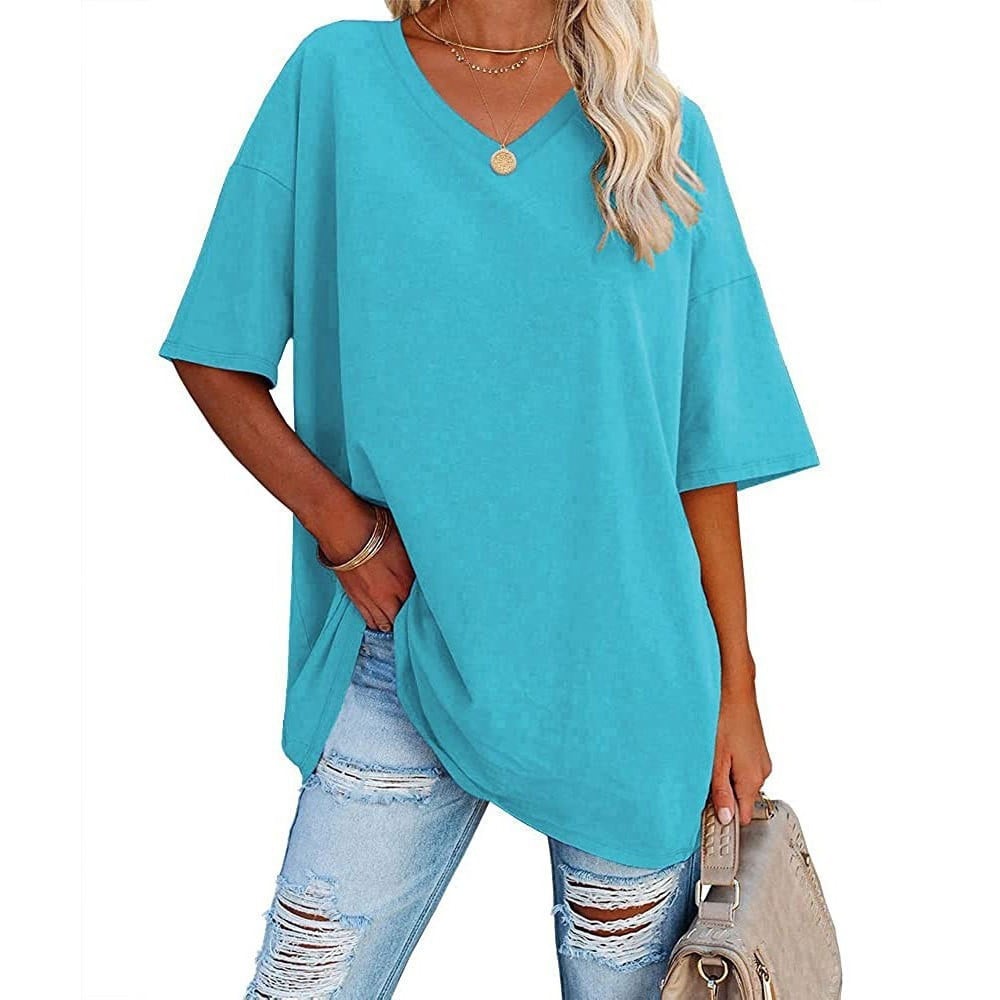 👚 Camisetas de manga corta de algodón de talla grande con cuello en V para mujer, corte holgado informal, tops tipo túnica 💖