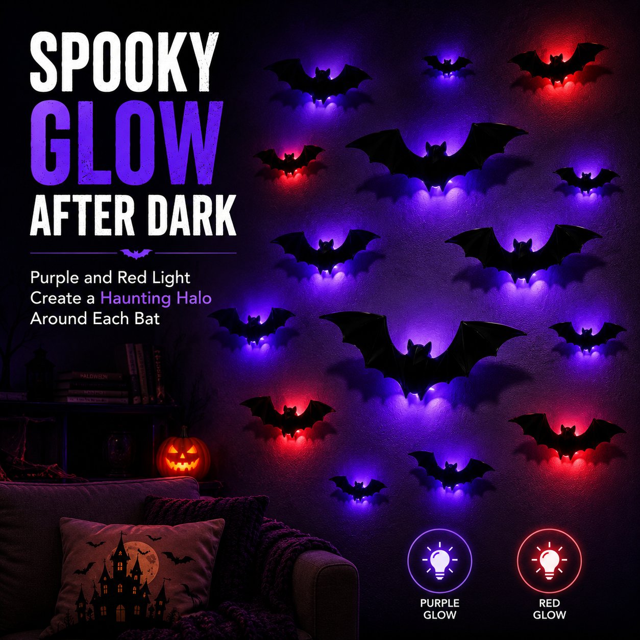 3D LED Glowing Bat Wall Decorations – Halloween Flying Bat Swarm Set
