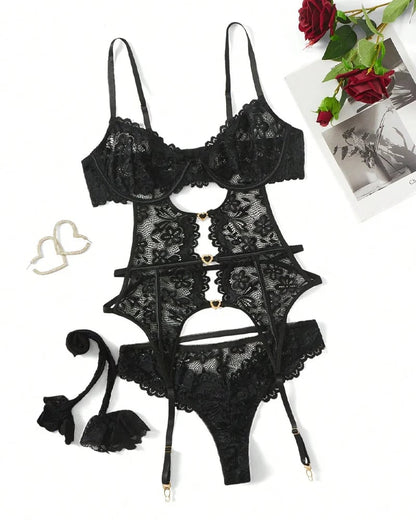 🔥✨Women's Sexy Floral Lace Mesh Bodysuit with Fishnet Stockings Set✨