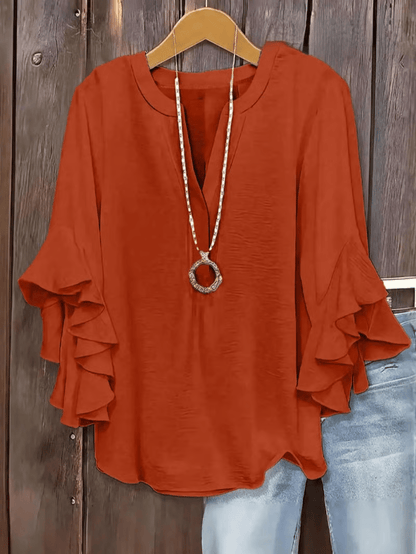 🔥Camisa de manga con volantes y cuello en V para mujer de talla grande, elegante diseño floral, cómoda y con estilo, perfecta para uso casual