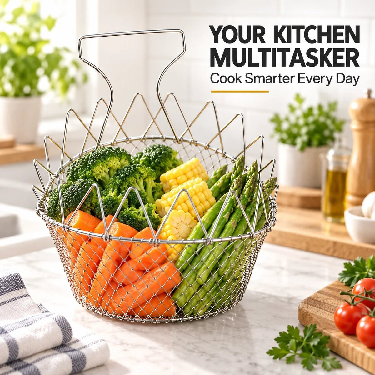 🔥Hot Sale 50% OFF – Foldable Stainless Steel Frying Basket & Colander ✨