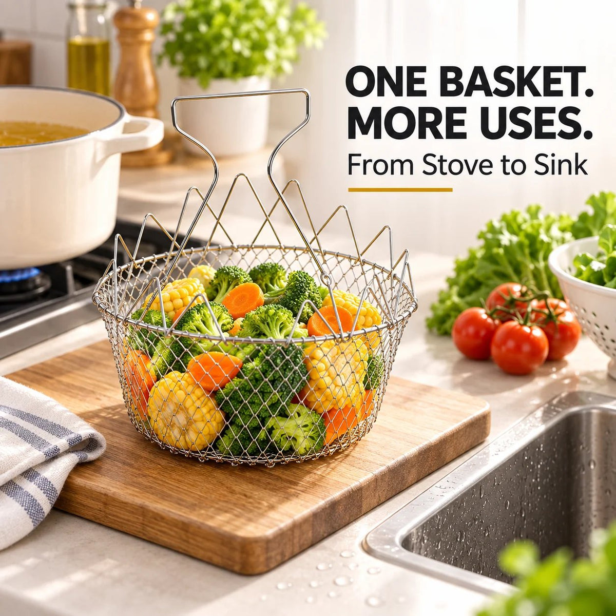 🔥Hot Sale 50% OFF – Foldable Stainless Steel Frying Basket & Colander ✨