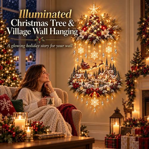 🎄 Illuminated Christmas Tree & Village Wall Hanging | Cascading Warm Lights for Living Rooms, Entryways & Staircases ✨