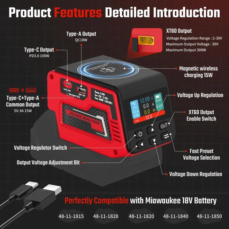 Adjustable 2-30V DC Voltage Regulator - Compatible with Milwaukee 18V Battery
