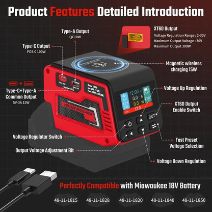 Adjustable 2-30V DC Voltage Regulator - Compatible with Milwaukee 18V Battery
