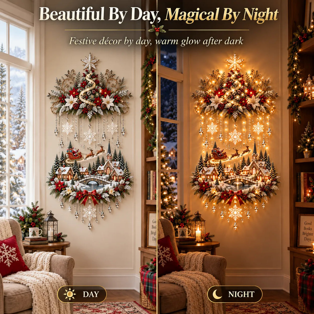🎄 Illuminated Christmas Tree & Village Wall Hanging | Cascading Warm Lights for Living Rooms, Entryways & Staircases ✨