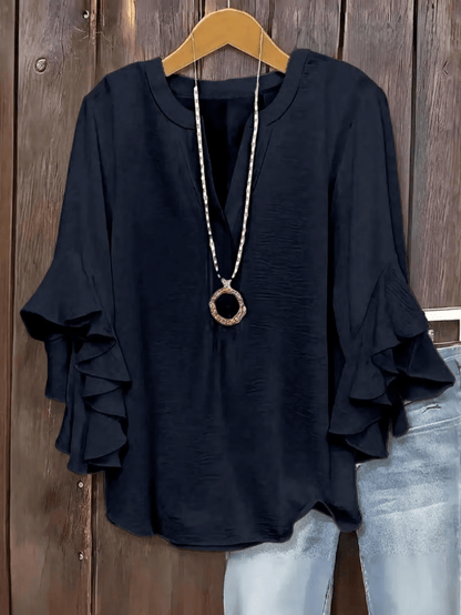 🔥Camisa de manga con volantes y cuello en V para mujer de talla grande, elegante diseño floral, cómoda y con estilo, perfecta para uso casual