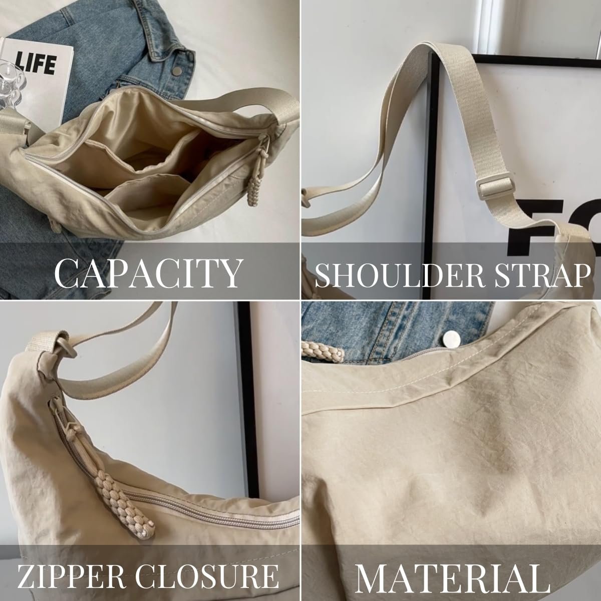 🏆5k sold this week!👜Women's Fashion Plain Color Nylon Crossbody Hobo Bag