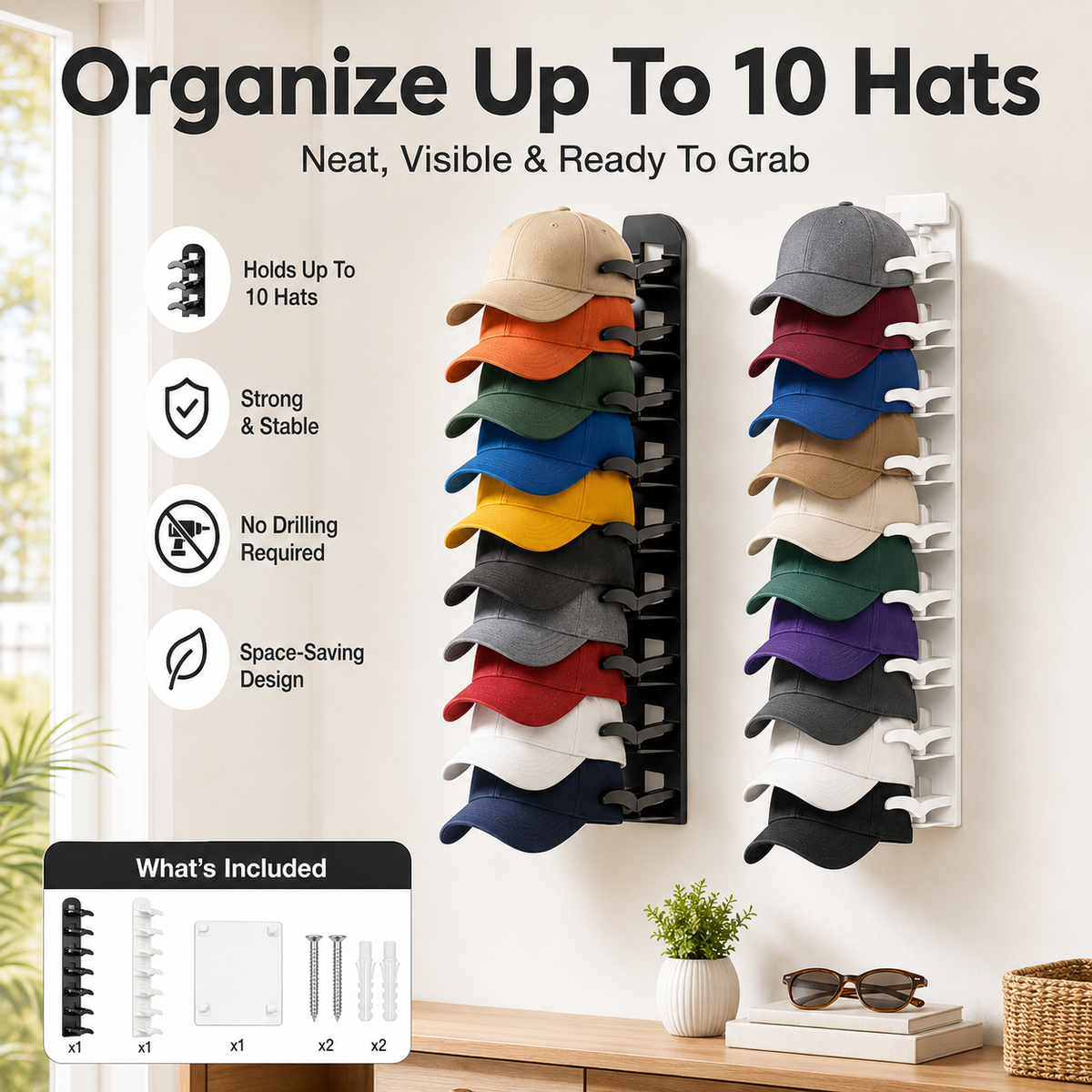 Hat Organizer for Wall 🧢 Holds 10 Hats per Rack