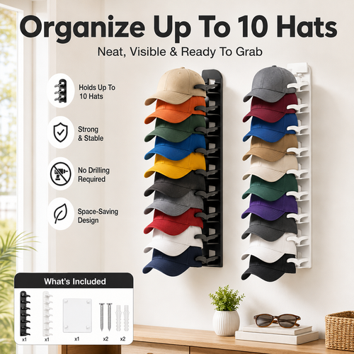 Hat Organizer for Wall 🧢 Holds 10 Hats per Rack
