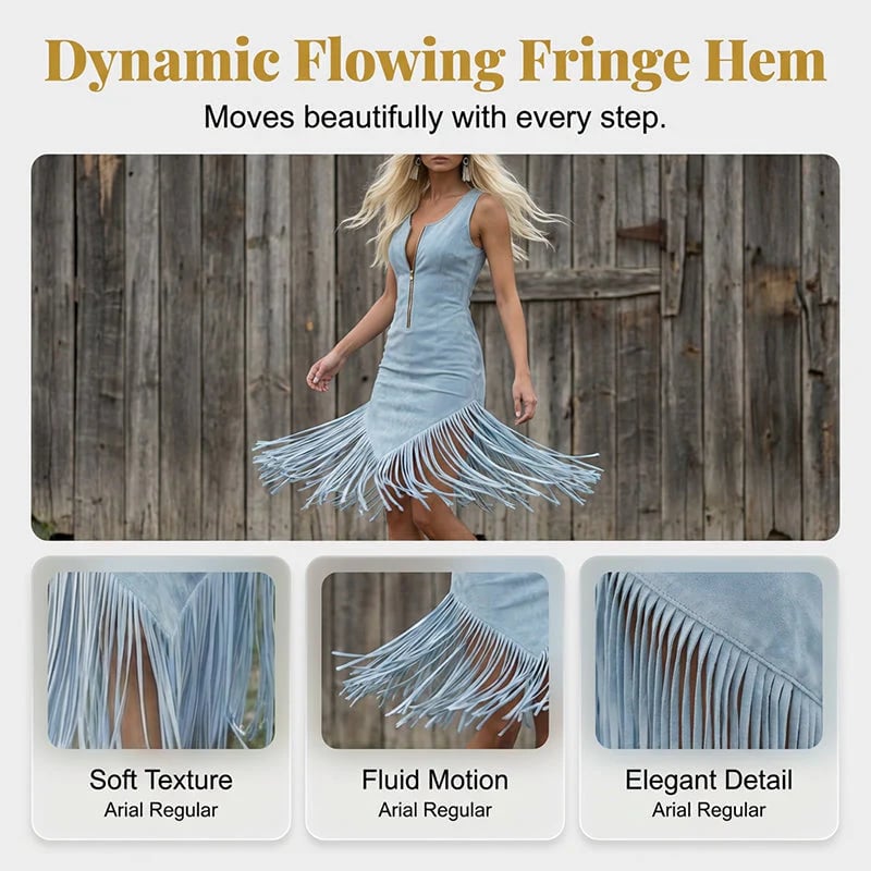 🔥HOT SALE🔥🤠 50% OFF! ✨ Retro Western Tassel Sleeveless Slim Dress – Fringe Hem, Front Zipper, Cowgirl Style 🌵