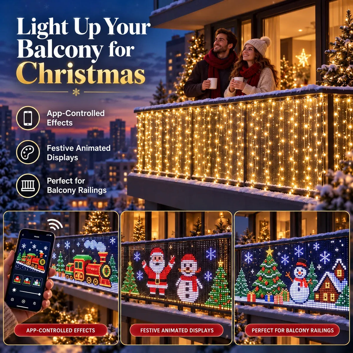 🎄Christmas Early Sale 60% OFF 💡Smart RGB Pixel Curtain Lights – App-Controlled Animated Holiday Display for Balcony & Window Decor