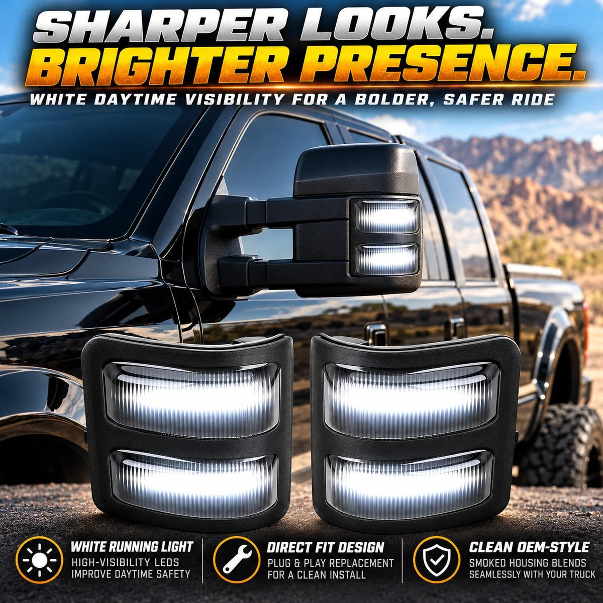 Dual-Mode LED Mirror Lights – White & Amber Turn Signal Upgrade for Heavy-Duty Trucks