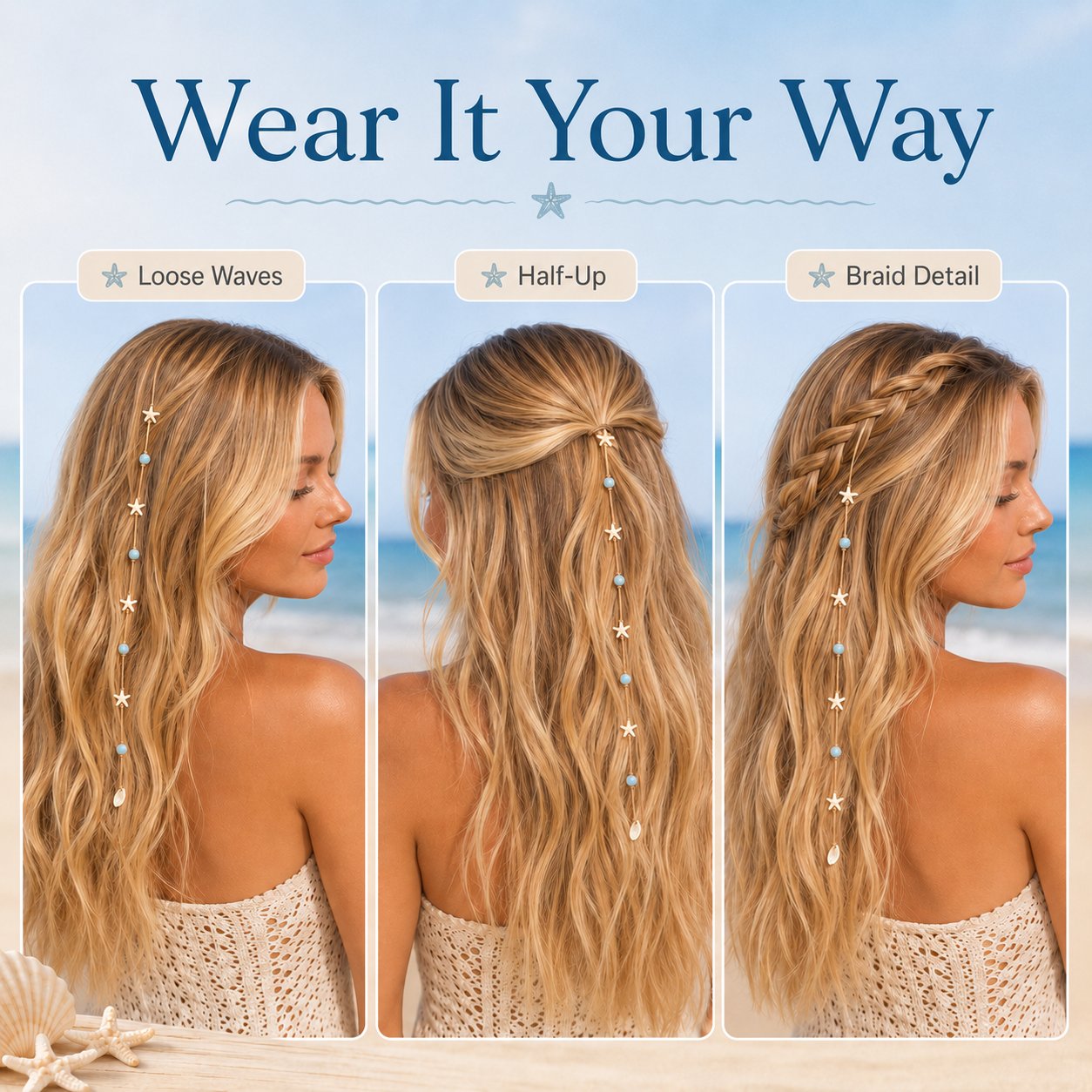 🎉🌊⭐Beachy Mermaid Hair Accent Clip (Featuring blue bead accents, starfish, and shell charms)