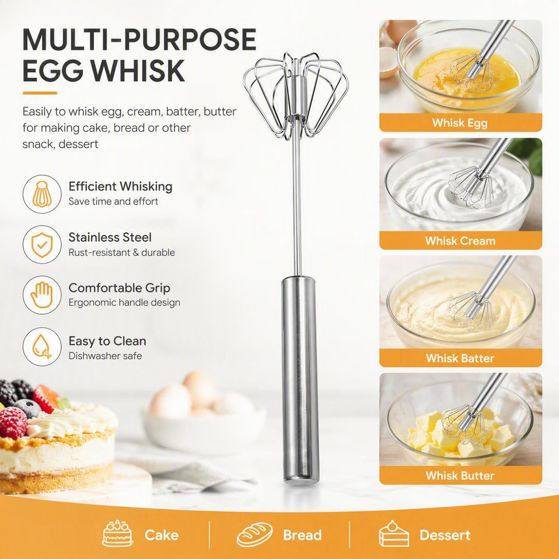 Stainless Steel Semi-Automatic Egg Whisk for Baking and Cooking