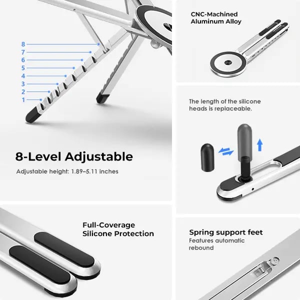 Adjustable Aluminum Laptop Stand with Integrated Magnetic Phone Holder | Portable & Foldable Desktop Riser for Laptops and Tablets