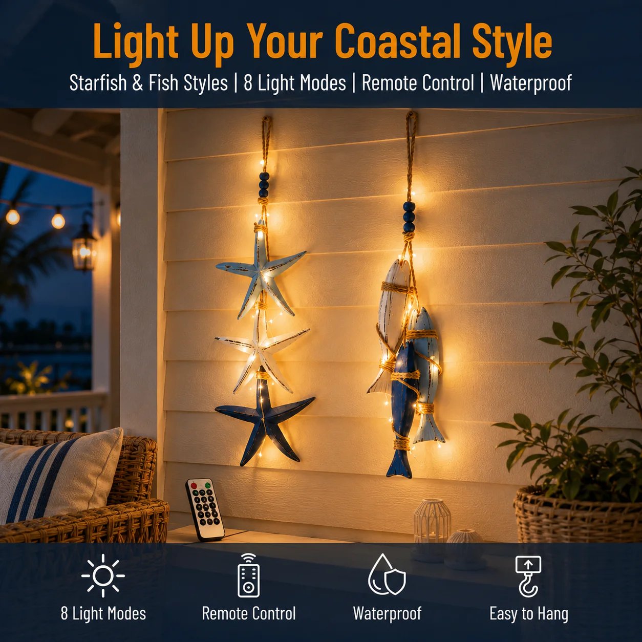 ⭐2026 OFERTA ESPECIAL🐟🌊Decoración Colgante de Estrella de Mar y Pez de Madera Iluminada Estilo Costero