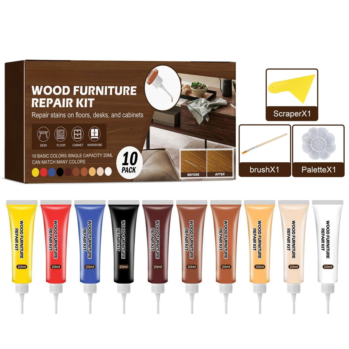 🟡🔧Wood Furniture Repair Paste Kit 10 Colors 20ml Wood Scratch Floor Crack Touch Up Repair Tool Set