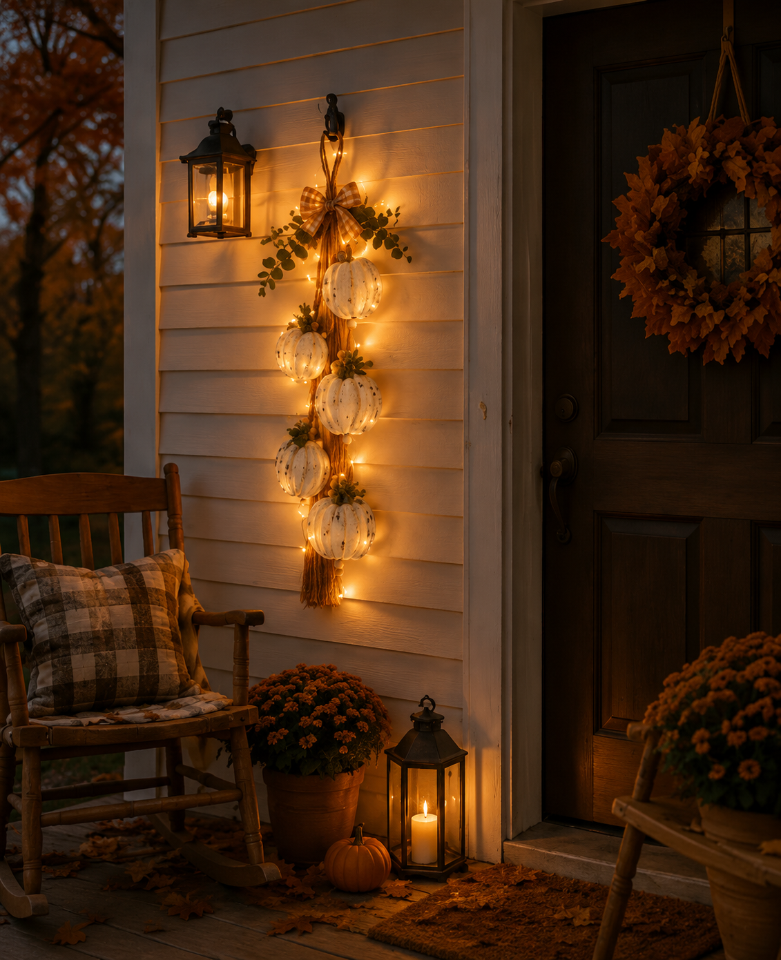 Rustic White Pumpkin Hanging Swag – Fall Door & Wall Decoration for Farmhouse Autumn Decor