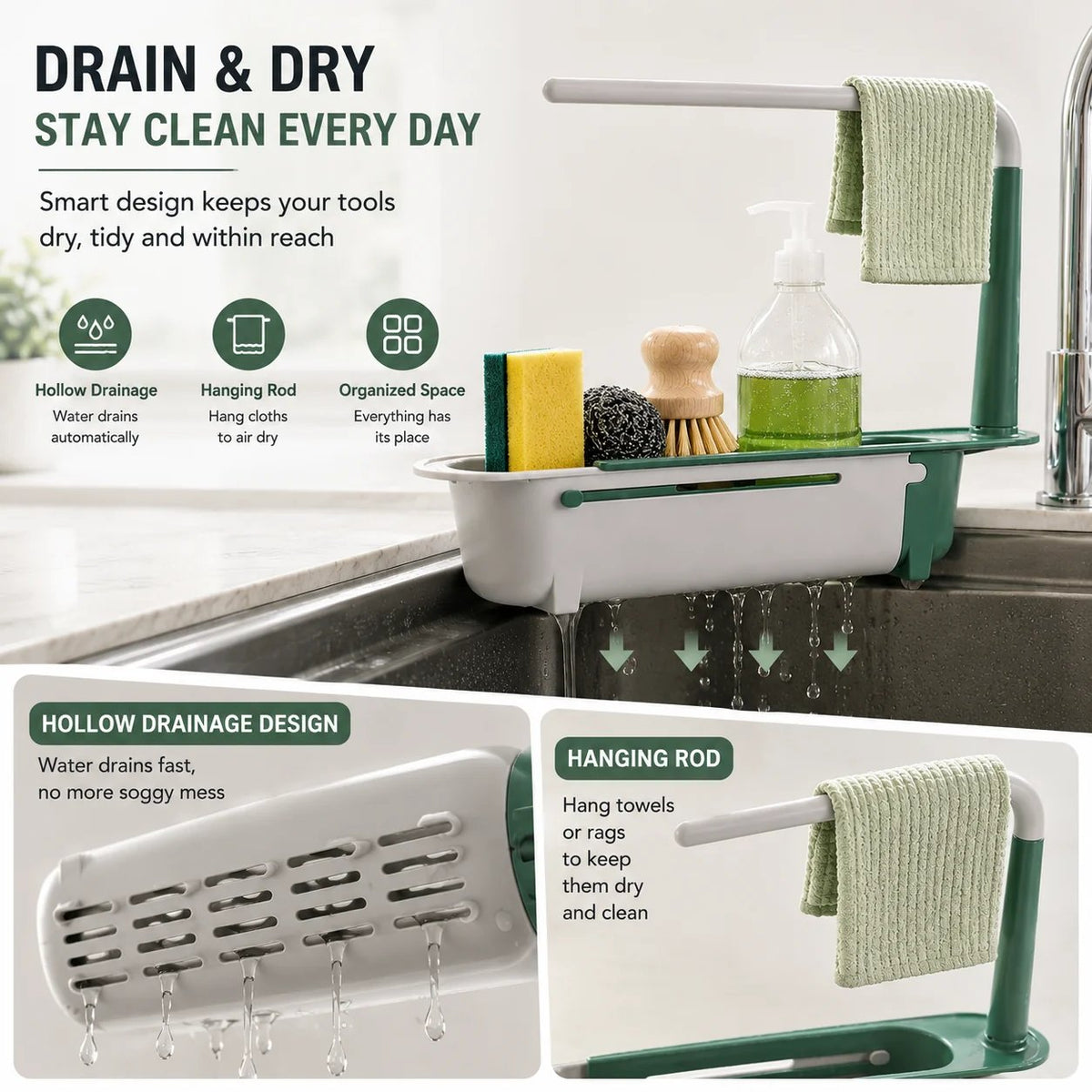 ✨ Adjustable Telescopic Sink Organizer – Drain, Dry & Declutter