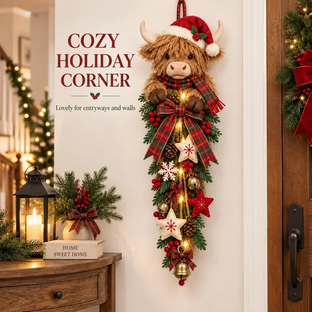 🎄🐮 Lighted Highland Cow Christmas Door Swag – A Cozy Holiday Welcome