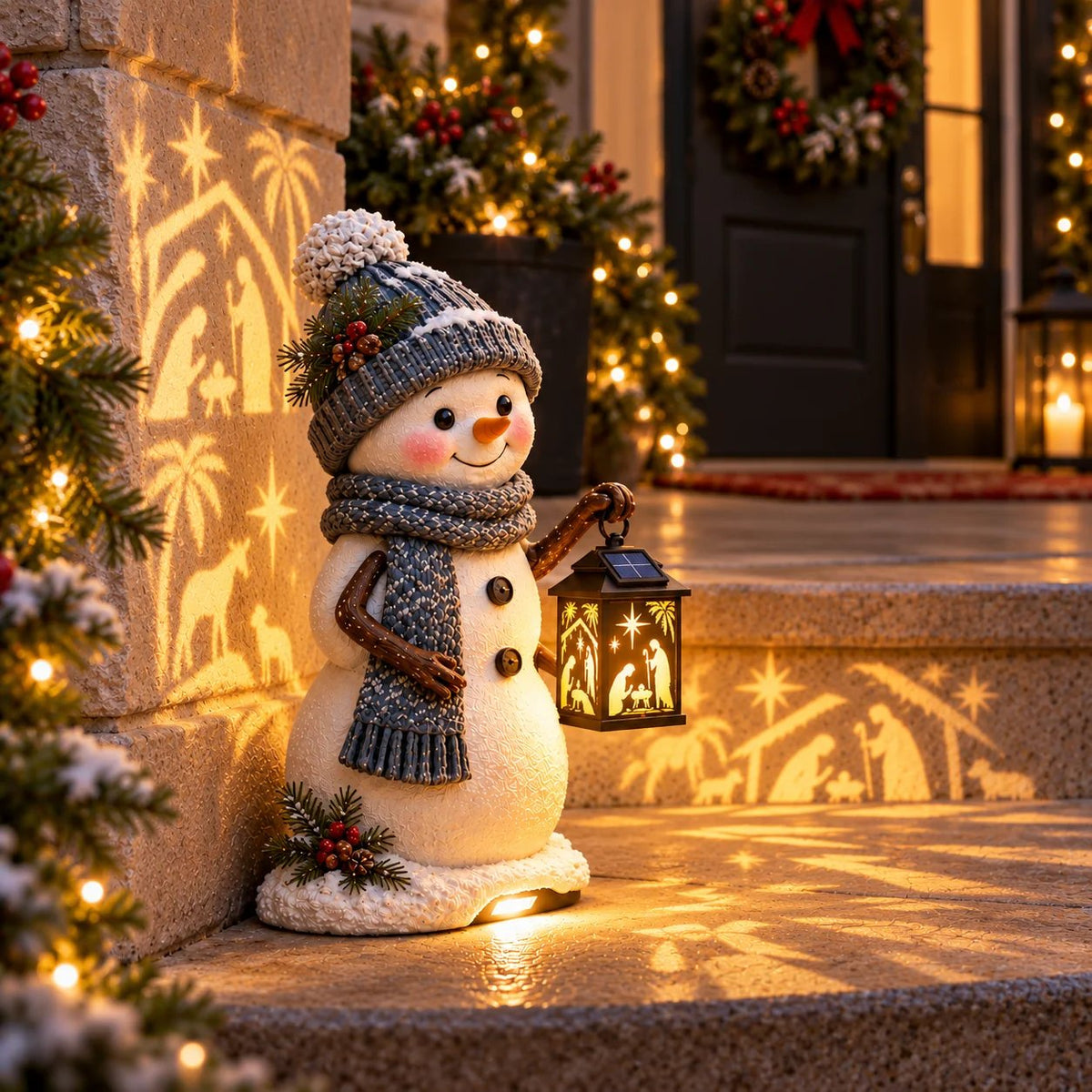 ⛄️🎄Snowman Nativity Glow – Solar Christmas Step Light with Holy Family Projection🌙