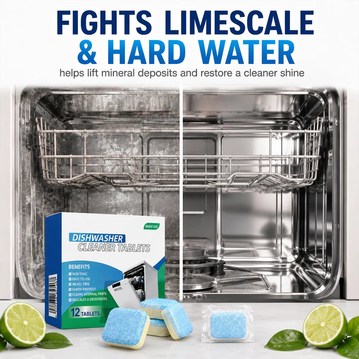 Dishwasher Cleaner Tablets 12-Pack – Descaling & Deodorizing Pods for Limescale, Calcium Buildup & Odor Control