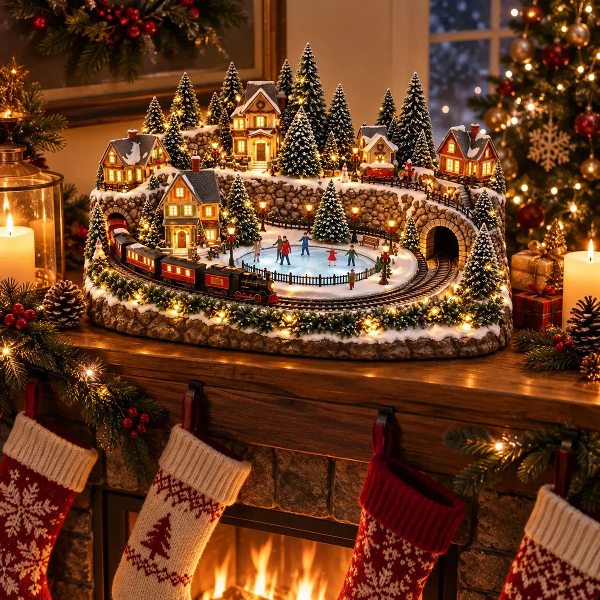 50% OFF | 🚂 Animated Holiday Train & Ice Rink Scene – Lighted Christmas Village Display ✨