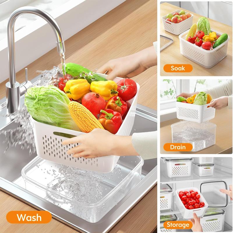 🔥Caja de almacenamiento de alimentos de plástico transparente para el hogar-Incluye cesta de drenaje💧