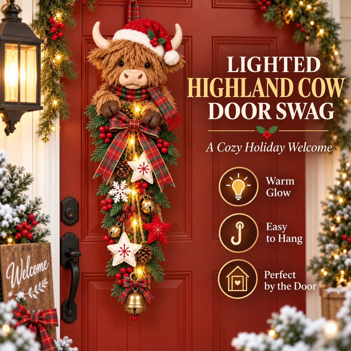 🎄🐮 Lighted Highland Cow Christmas Door Swag – A Cozy Holiday Welcome