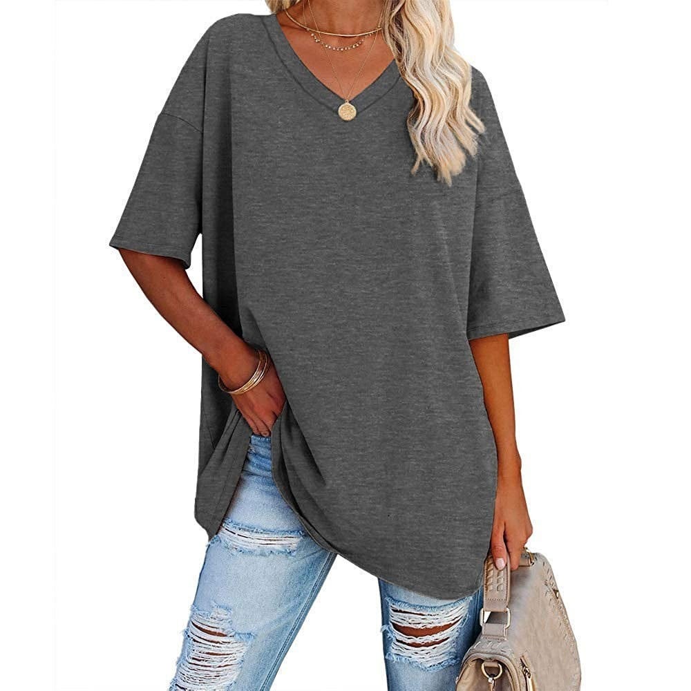 👚 Camisetas de manga corta de algodón de talla grande con cuello en V para mujer, corte holgado informal, tops tipo túnica 💖