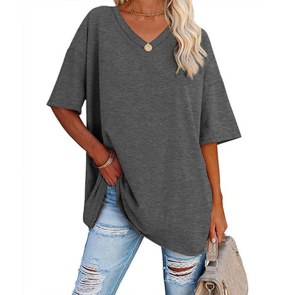 👚 Camisetas de manga corta de algodón de talla grande con cuello en V para mujer, corte holgado informal, tops tipo túnica 💖