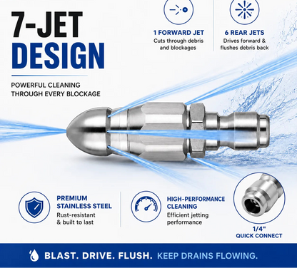 Stainless Steel Sewer Jetter Nozzle – 1/4' Quick Connect Drain Cleaning Attachment for Pressure Washers