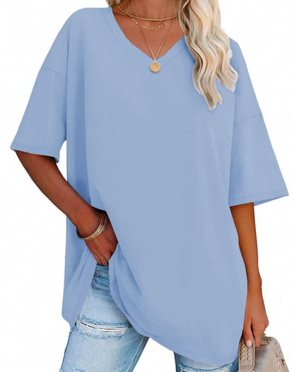 👚 Camisetas de manga corta de algodón de talla grande con cuello en V para mujer, corte holgado informal, tops tipo túnica 💖