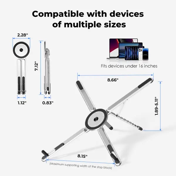 Adjustable Aluminum Laptop Stand with Integrated Magnetic Phone Holder | Portable & Foldable Desktop Riser for Laptops and Tablets