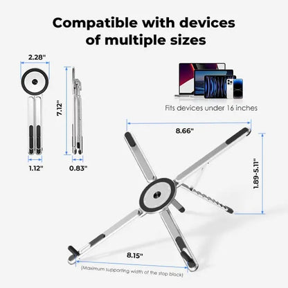 Adjustable Aluminum Laptop Stand with Integrated Magnetic Phone Holder | Portable & Foldable Desktop Riser for Laptops and Tablets