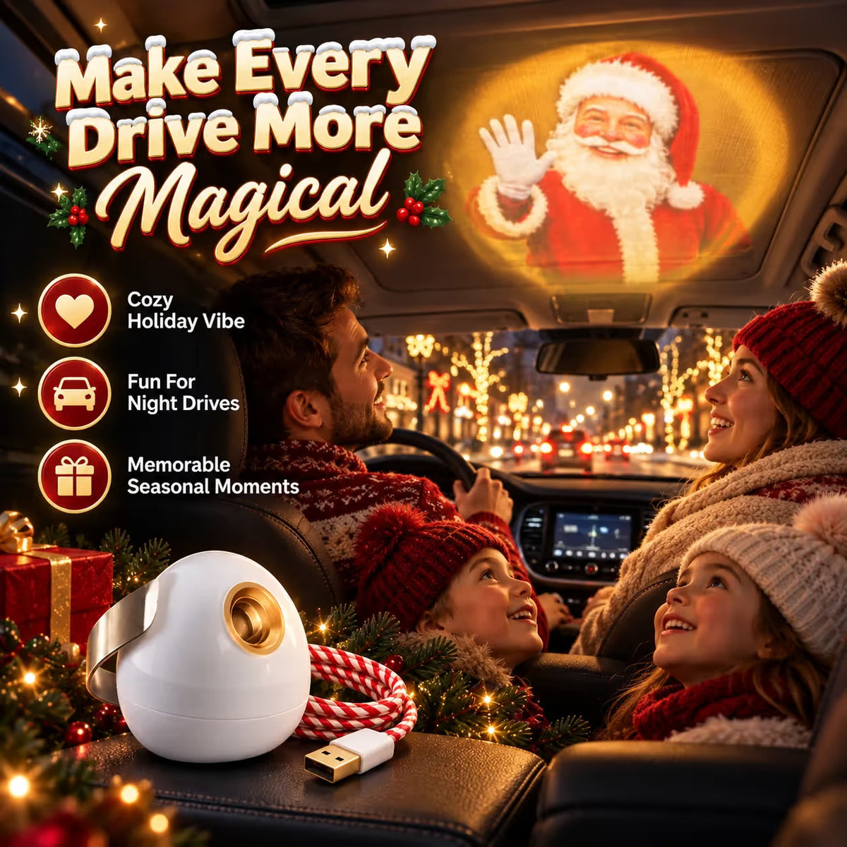⏳ Last Day 49% OFF – 🎅 Santa Beam Christmas Car Projector | USB-Powered Holiday Light with 6 Festive Santa Films ✨