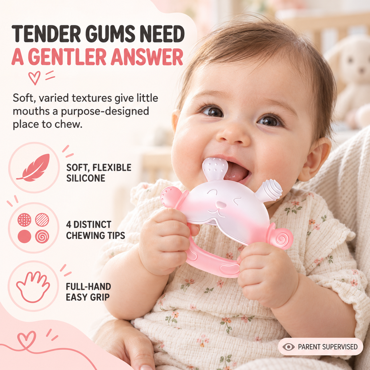 🐰 360° Food-Grade Silicone Bunny Teether – Full-Hand Easy-Grip Design