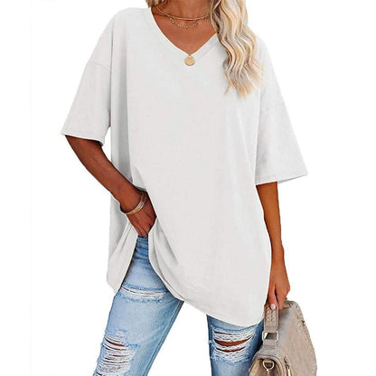 👚 Camisetas de manga corta de algodón de talla grande con cuello en V para mujer, corte holgado informal, tops tipo túnica 💖