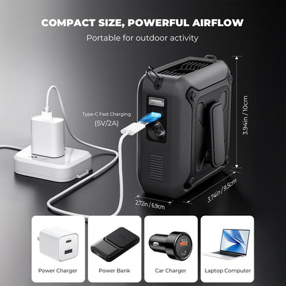 💨 5-in-1 Portable Waist Fan with 14500mAh PowerBank – High-Speed Outdoor Cooling Fan