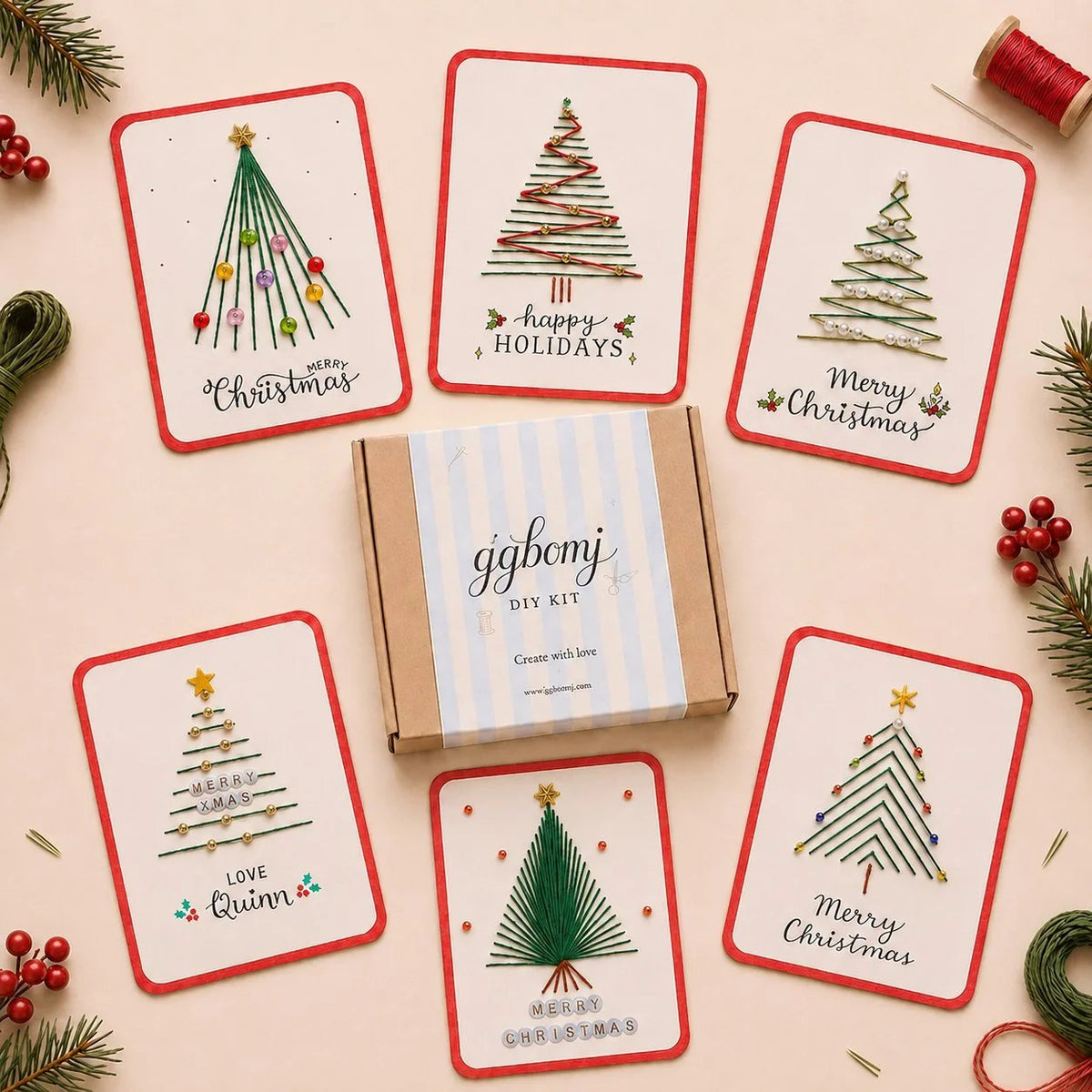 Christmas String Art Greeting Card DIY Kit – 6-Piece Stitching Set