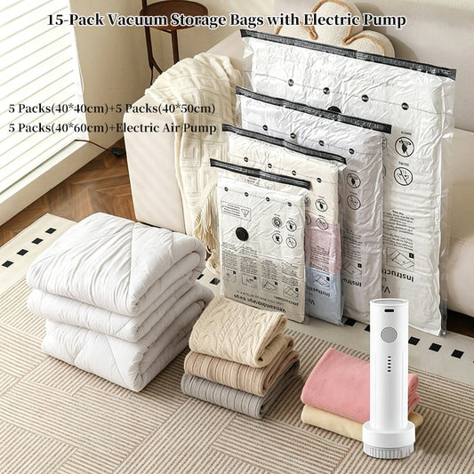 💯15-Pack Vacuum Storage Bags with Electric Pump