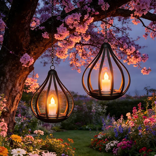 Solar Garden Lights Outdoor Metal Solar Water Drop Shape Candle Lantern