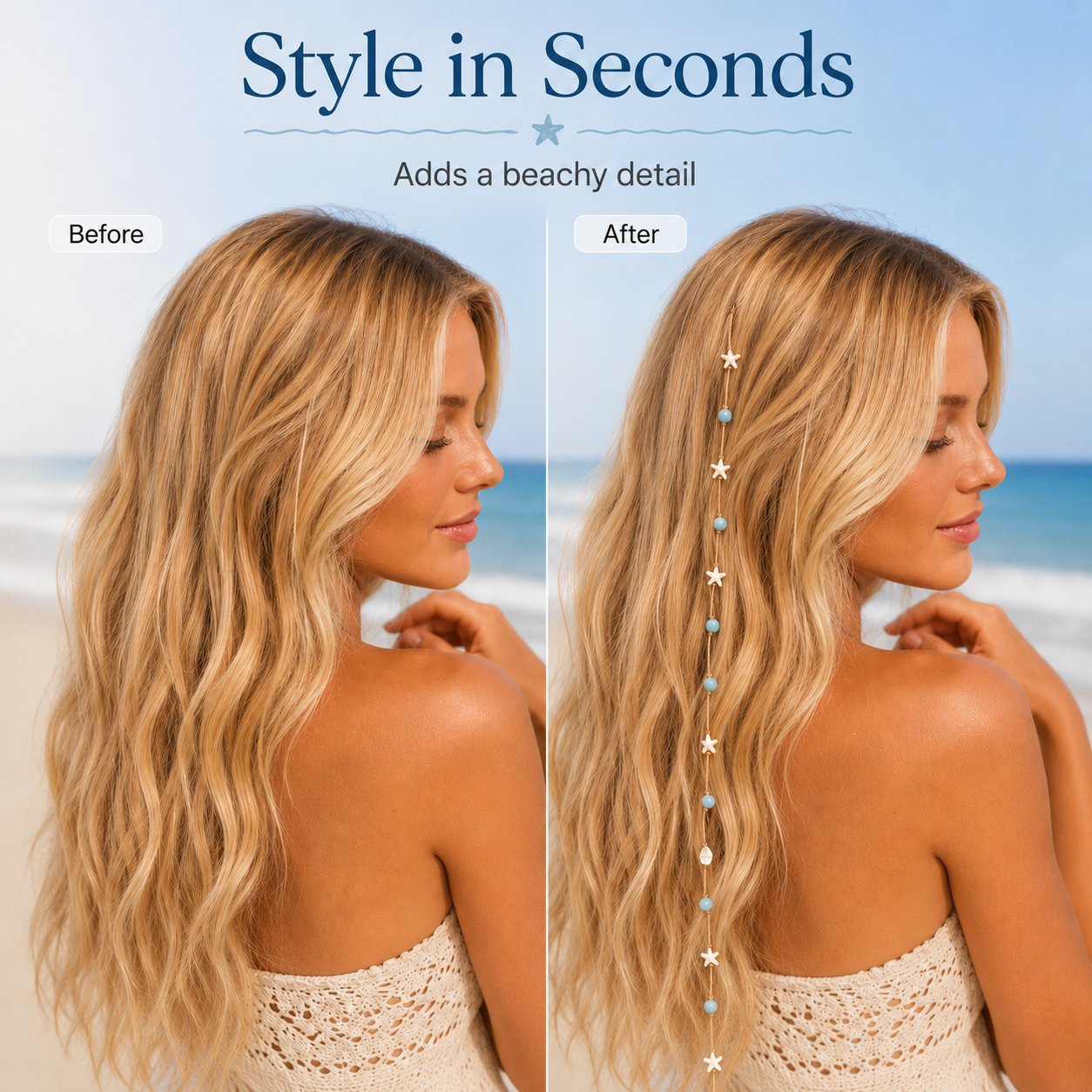 🎉🌊⭐Beachy Mermaid Hair Accent Clip (Featuring blue bead accents, starfish, and shell charms)