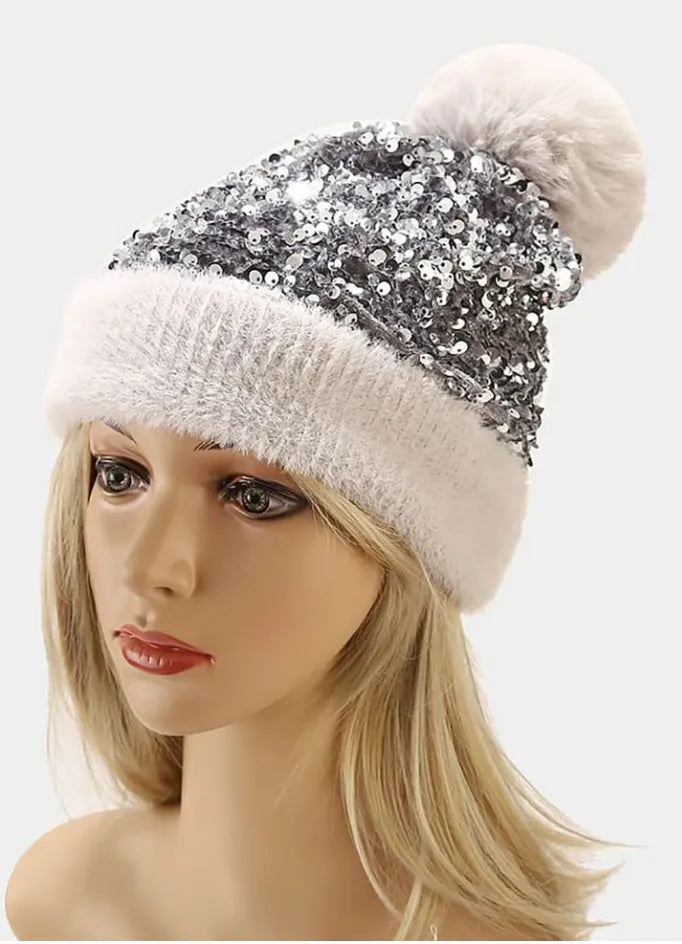 Sequin Fur Pom Beanie